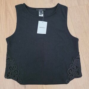 Forever 21 Black Ribbed Knit Lace Trim Sleeveless Tank Top - Size L